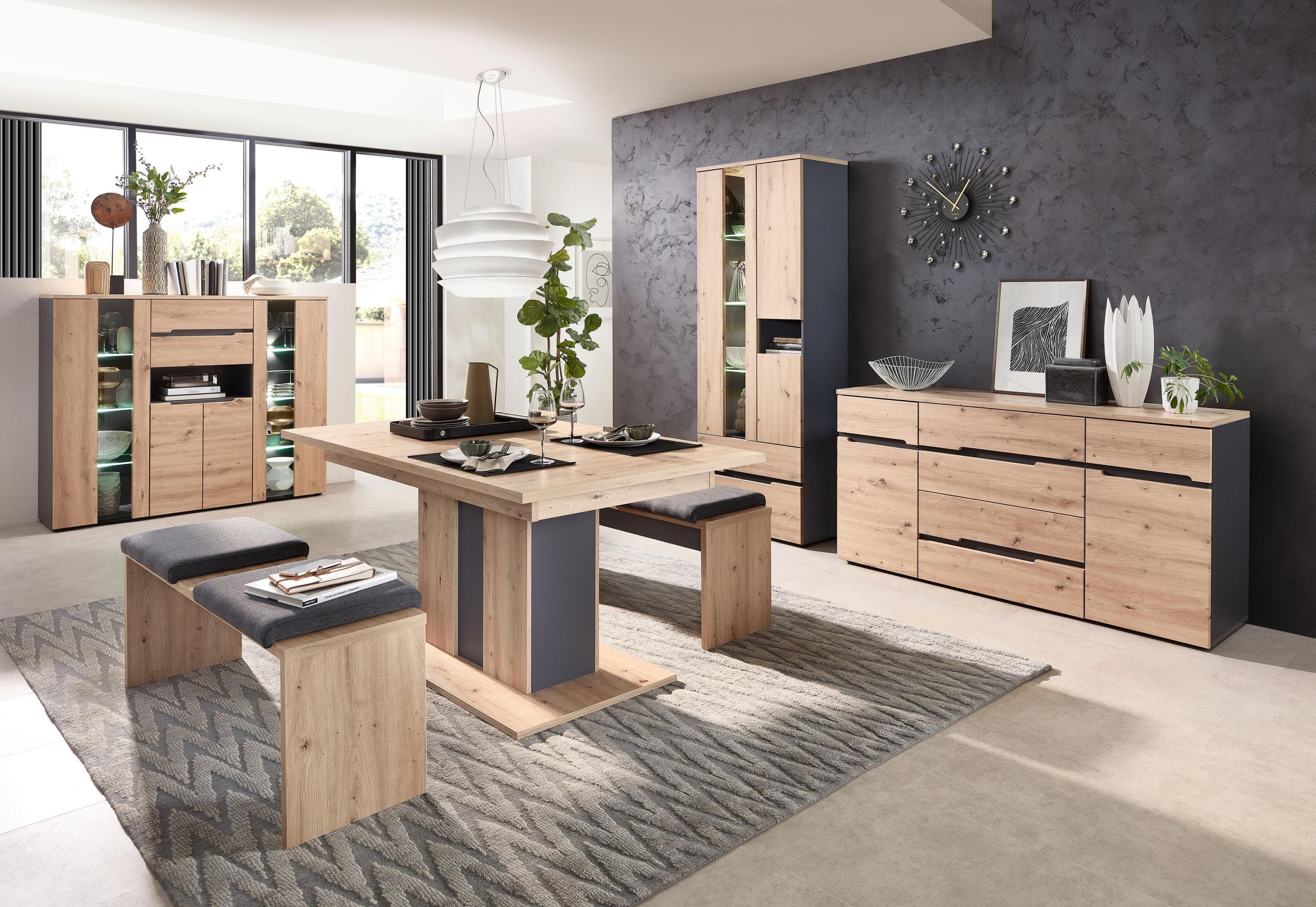 DEKIT GRUPO RIMOBEL NESS 6 Wohnzimmer Set – TV-Möbel, Sideboard, Couchtisch In Graphit & Eiche